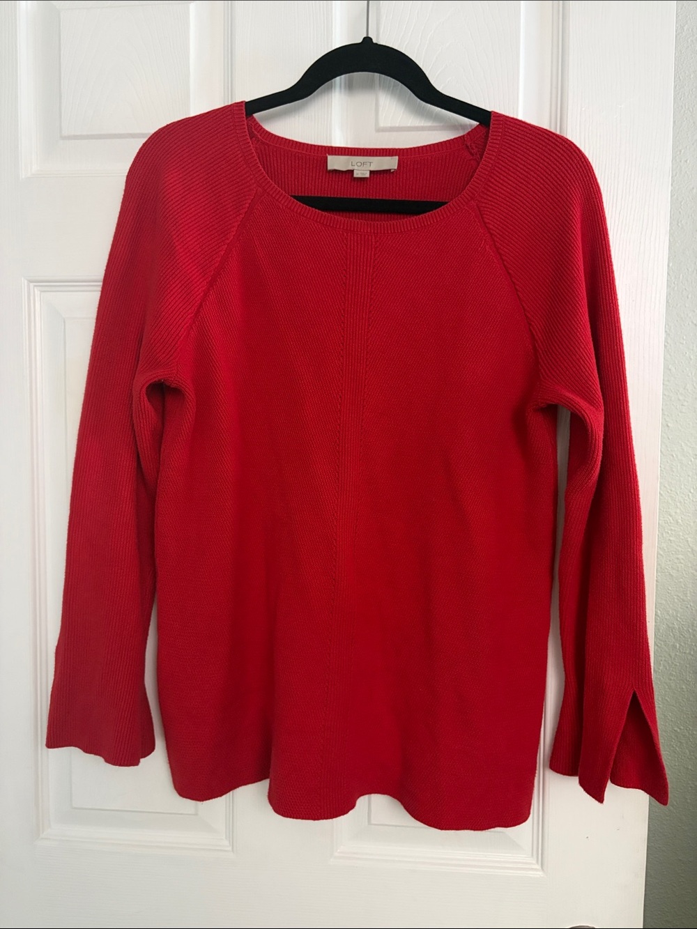 LOFT Bright Red Ribbed Crewneck Sweater with Trumpet Sleeve